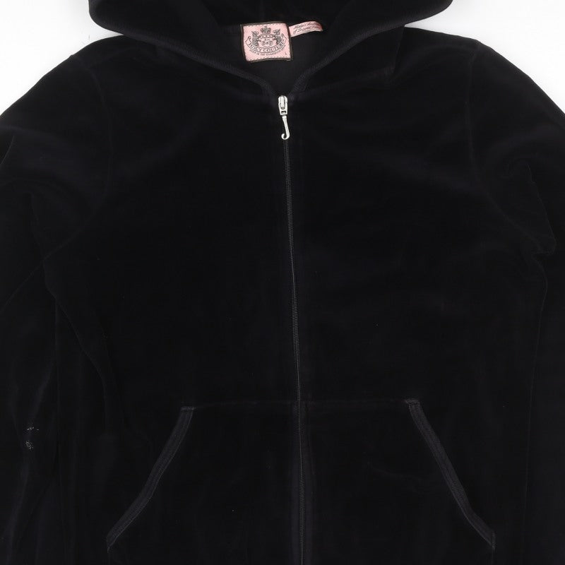 Juicy Couture Women Black L Velour Full Zip Hooded Hoodie Pockets