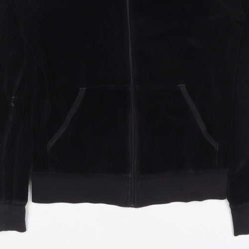 Juicy Couture Women Black L Velour Full Zip Hooded Hoodie Pockets