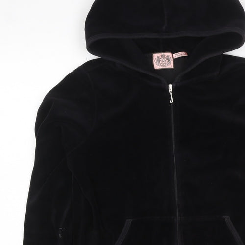 Juicy Couture Women Black L Velour Full Zip Hooded Hoodie Pockets