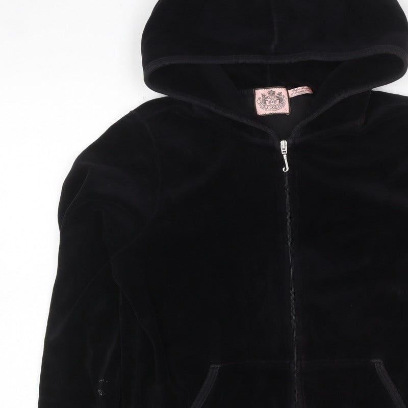Juicy Couture Women Black L Velour Full Zip Hooded Hoodie Pockets