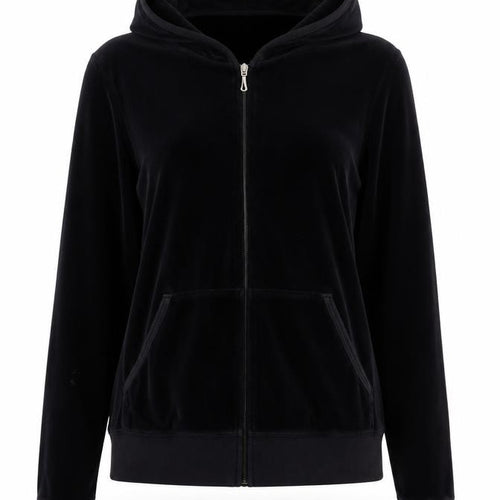Juicy Couture Women Black L Velour Full Zip Hooded Hoodie Pockets