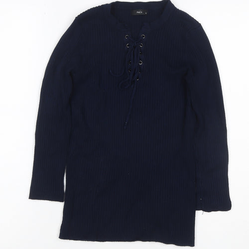 M&Co Women Blue Size 10 Ribbed Lace Up Long Sleeve Tunic Jumper