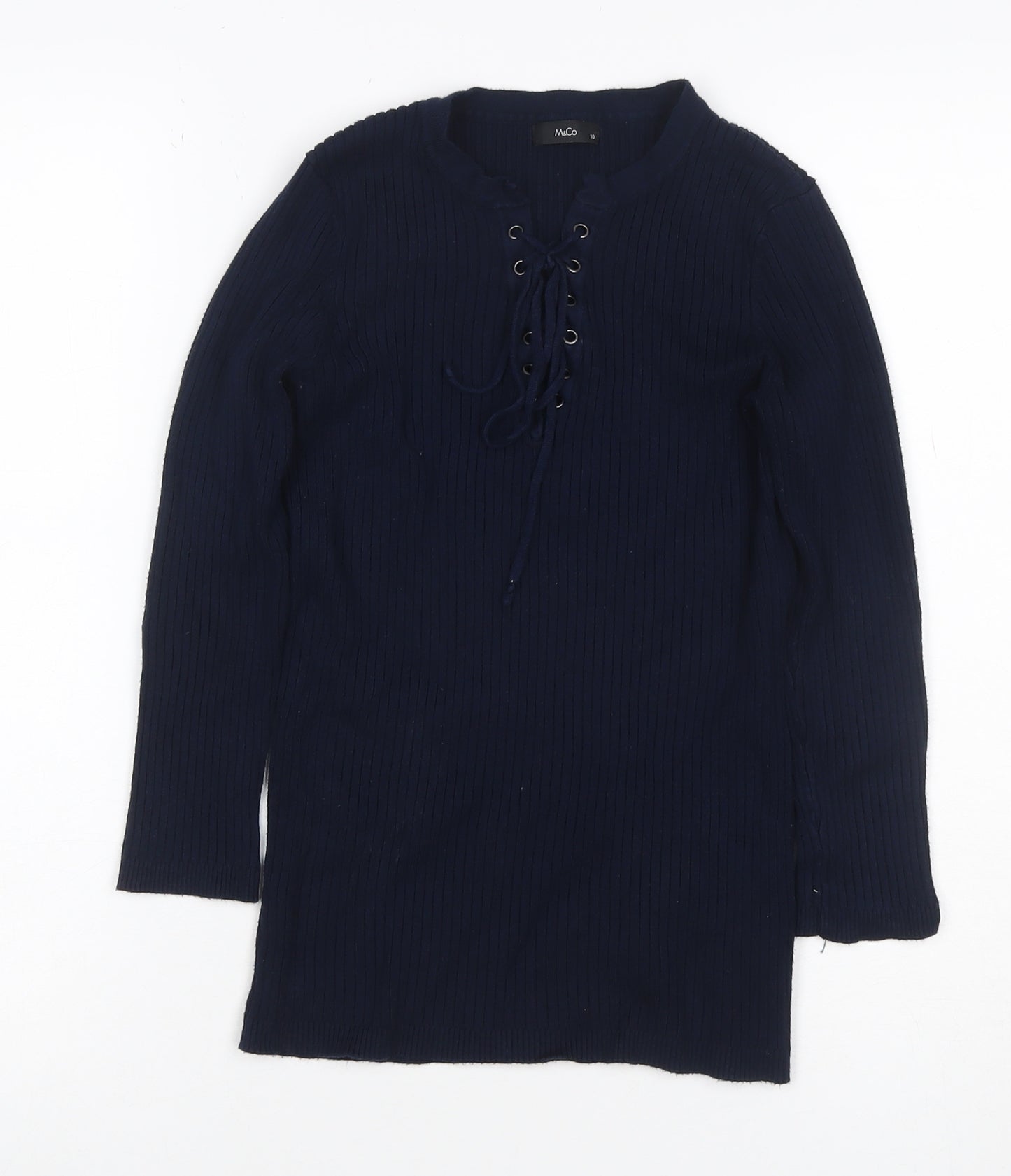 M&Co Women Blue Size 10 Ribbed Lace Up Long Sleeve Tunic Jumper