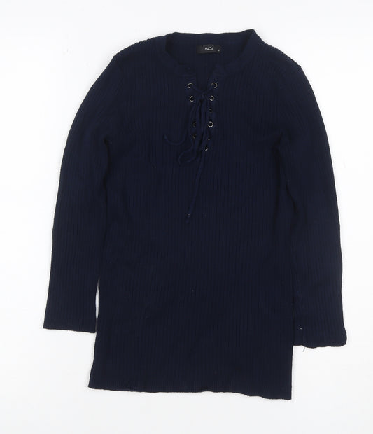 M&Co Women Blue Size 10 Ribbed Lace Up Long Sleeve Tunic Jumper