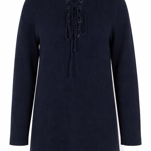 M&Co Women Blue Size 10 Ribbed Lace Up Long Sleeve Tunic Jumper