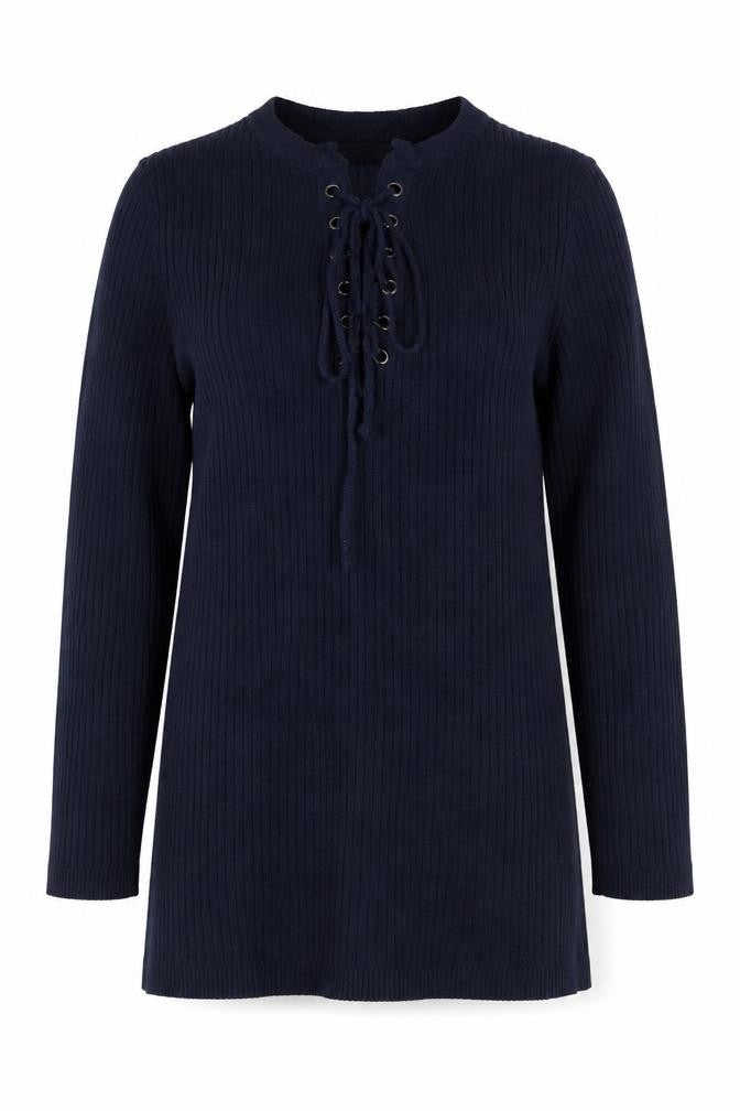 M&Co Women Blue Size 10 Ribbed Lace Up Long Sleeve Tunic Jumper