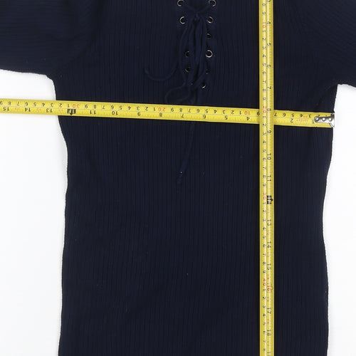 M&Co Women Blue Size 10 Ribbed Lace Up Long Sleeve Tunic Jumper