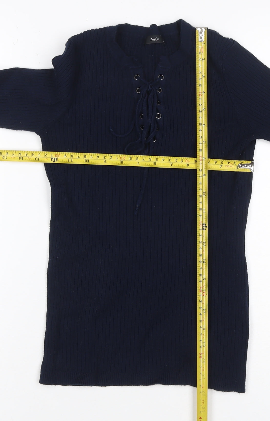 M&Co Women Blue Size 10 Ribbed Lace Up Long Sleeve Tunic Jumper