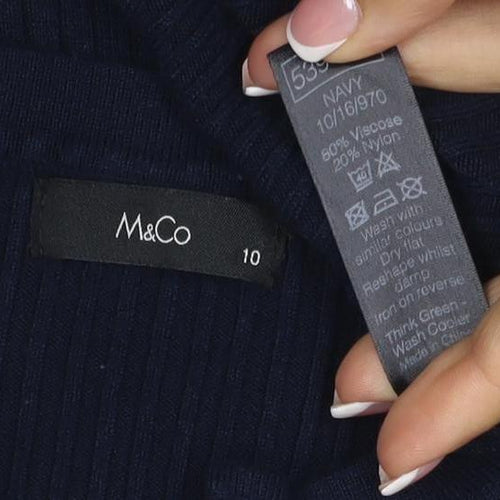 M&Co Women Blue Size 10 Ribbed Lace Up Long Sleeve Tunic Jumper