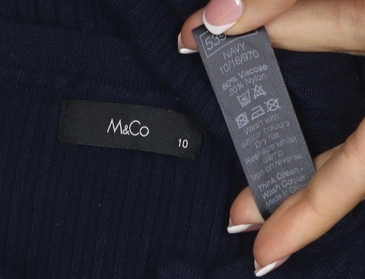 M&Co Women Blue Size 10 Ribbed Lace Up Long Sleeve Tunic Jumper