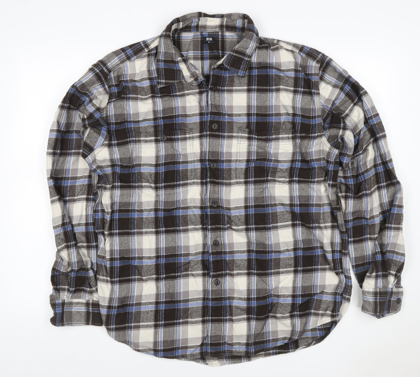 Uniqlo Men's XL Blue Grey Plaid Flannel Button-Up Shirt