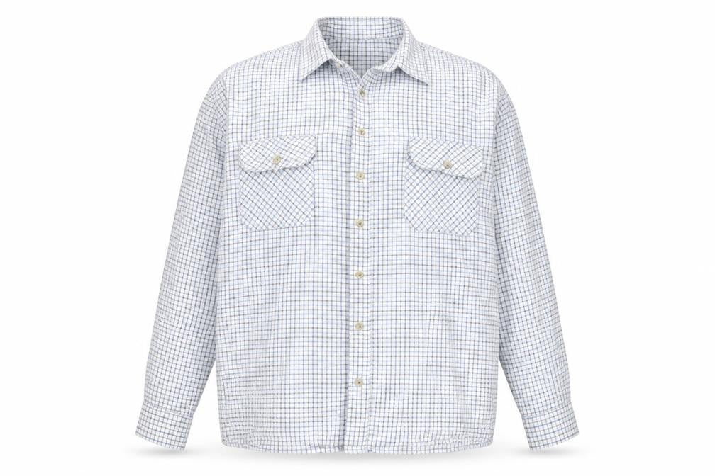 Front view of Champion Men’s XL White Blue Check Long Sleeve Button-Up Shirt