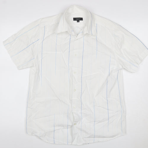 Next Men’s White Blue Stripe Cotton Short Sleeve Button-Up Shirt M