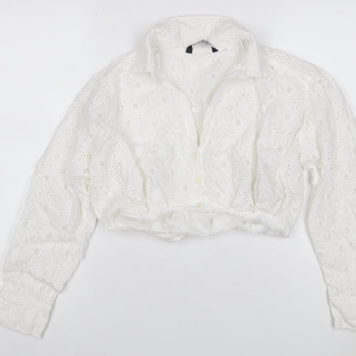 Zara Women White S Cropped Floral Broderie Anglaise Button-Up Blouse