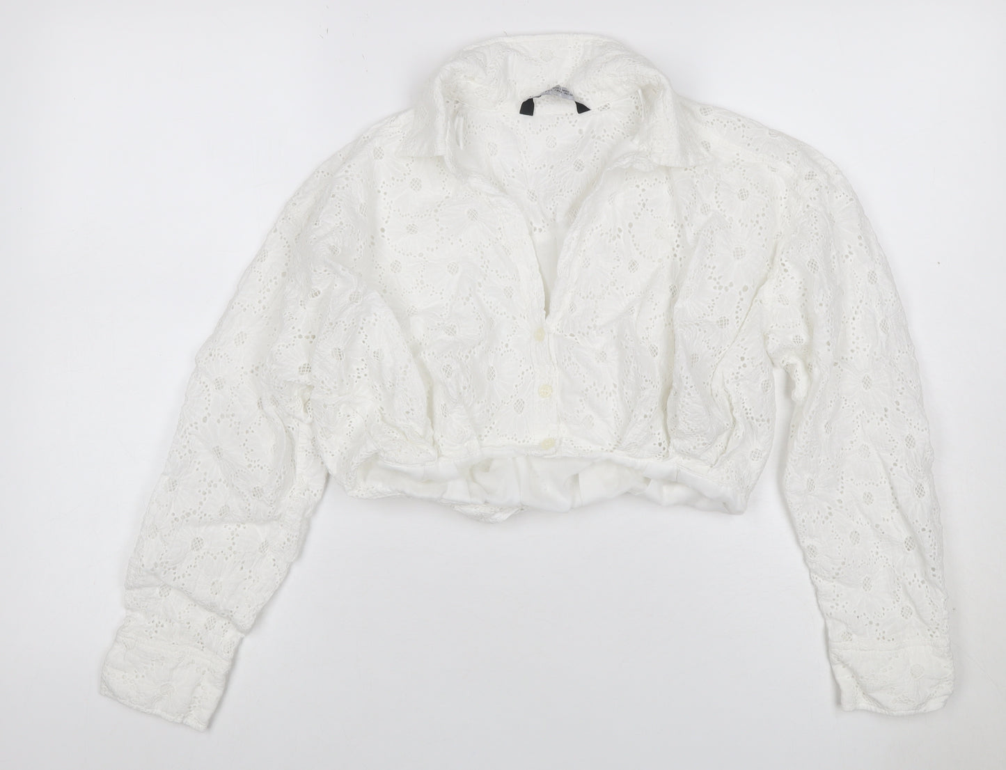 Zara Women White S Cropped Floral Broderie Anglaise Button-Up Blouse