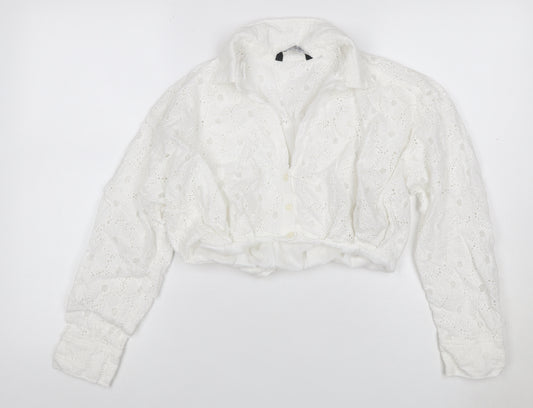 Zara Women White S Cropped Floral Broderie Anglaise Button-Up Blouse