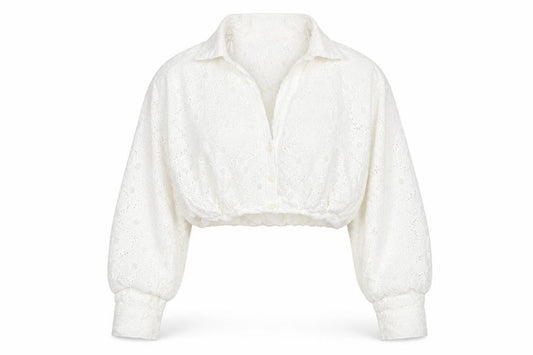 Zara Women White S Cropped Floral Broderie Anglaise Button-Up Blouse