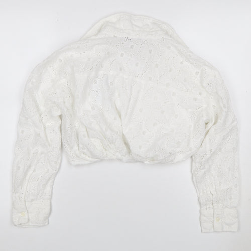 Zara Women White S Cropped Floral Broderie Anglaise Button-Up Blouse