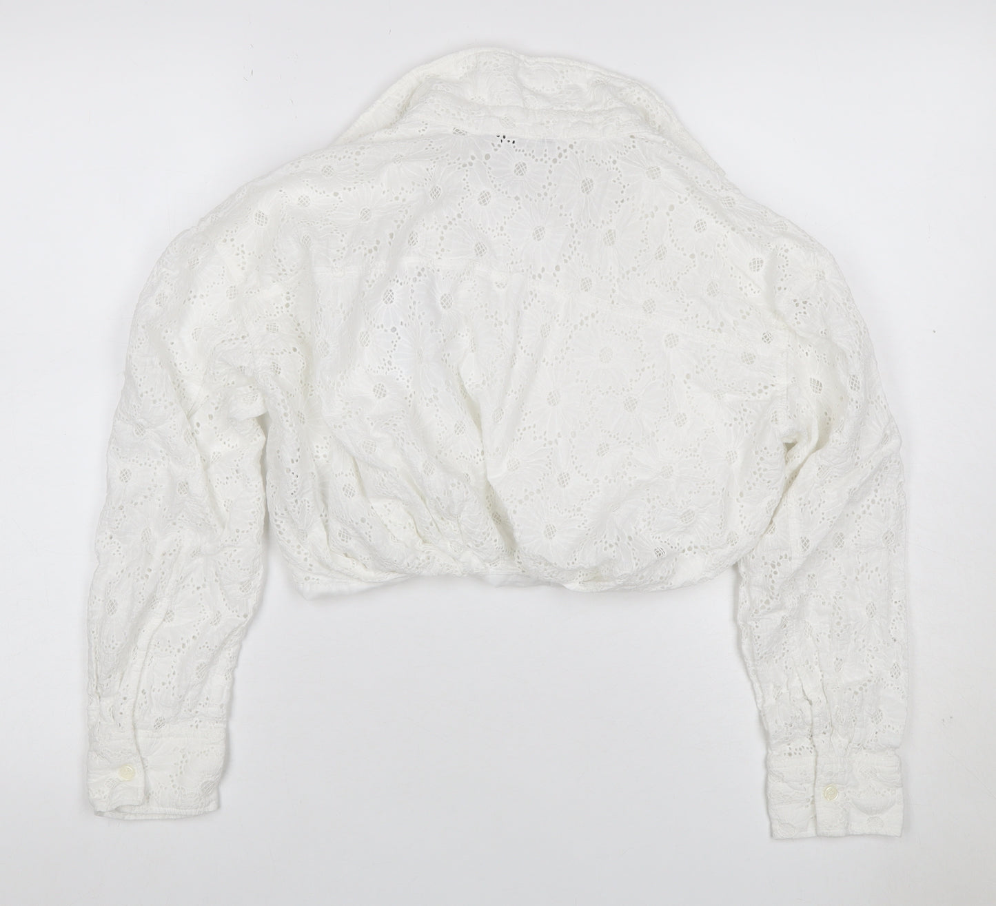 Zara Women White S Cropped Floral Broderie Anglaise Button-Up Blouse