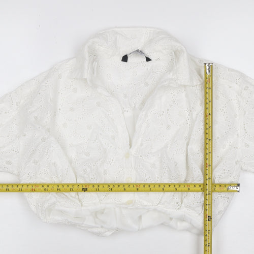 Zara Women White S Cropped Floral Broderie Anglaise Button-Up Blouse