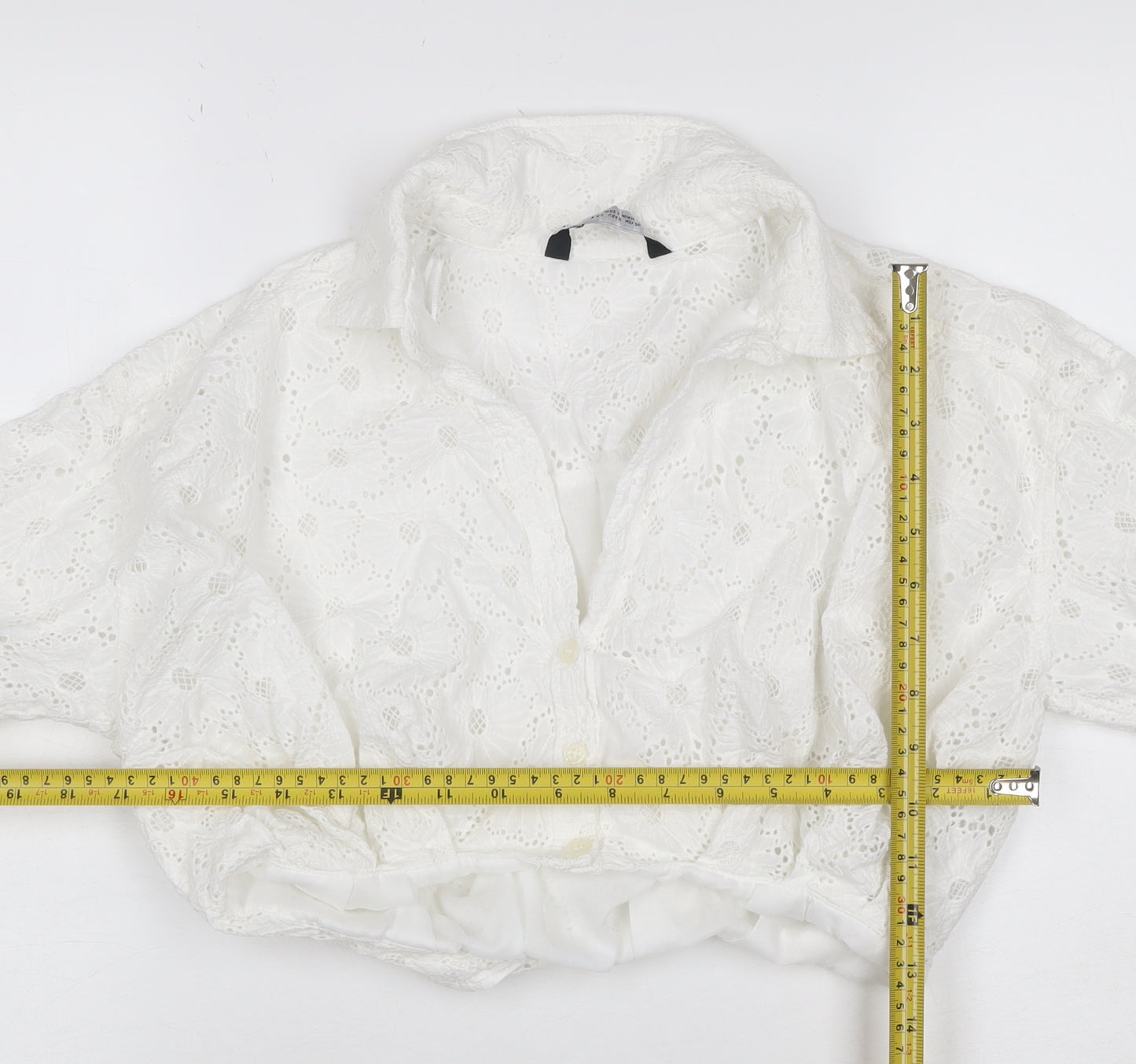 Zara Women White S Cropped Floral Broderie Anglaise Button-Up Blouse