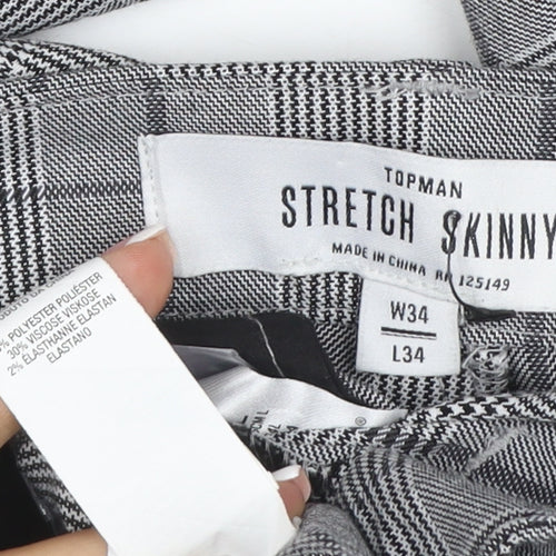 Topman Men Grey Check Stretch Skinny Dress Trousers W34 L34