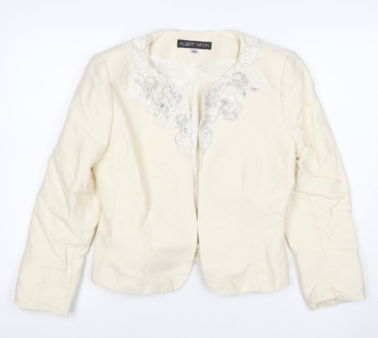 Albert Nipon Women Ivory UK 10 Floral Embroidered Wool Silk Jacket