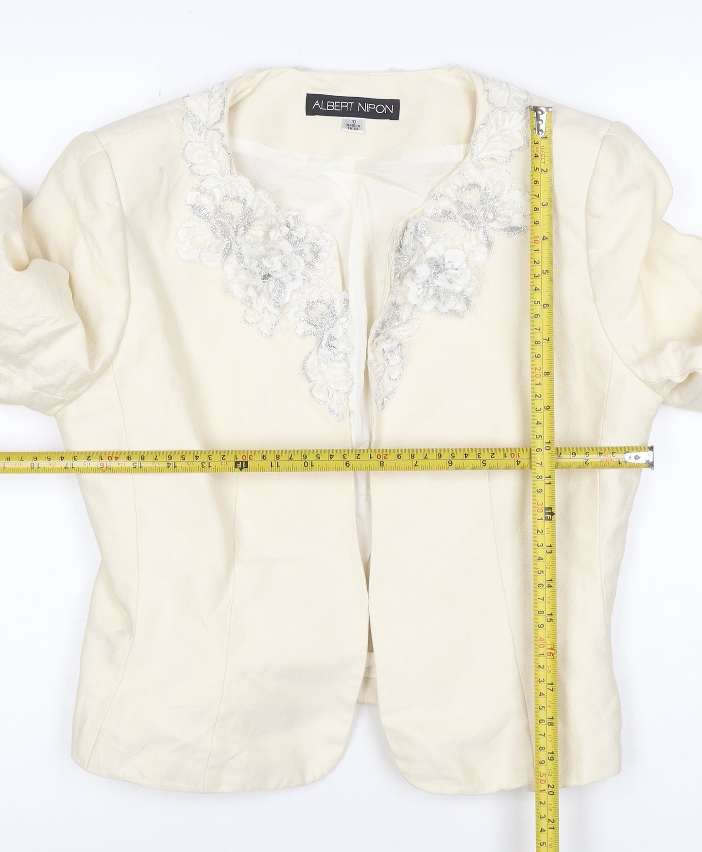 Albert Nipon Women Ivory UK 10 Floral Embroidered Wool Silk Jacket