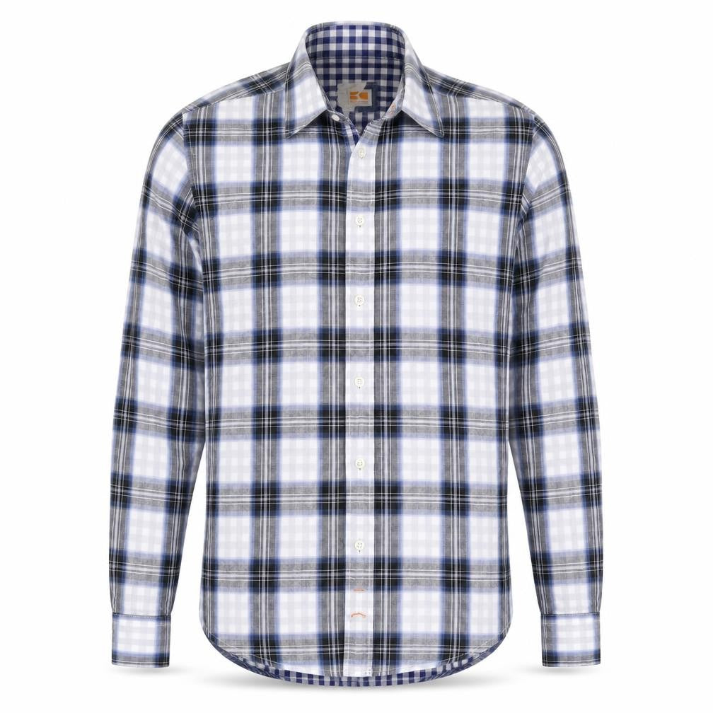 Front view of Hugo Boss Orange Men’s Blue Grey Check Cotton Shirt, size S