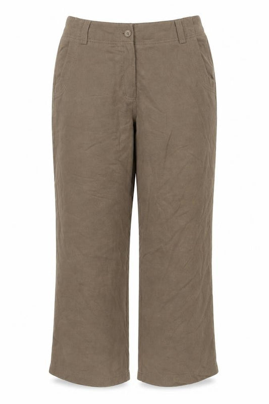Front view of Rohan Women’s Brown, size UK 14, Travel Linen Wide Leg Trousers