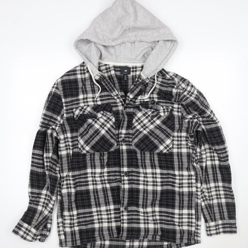 H&M Men’s Black Grey Plaid Hooded Shacket Jacket Size M