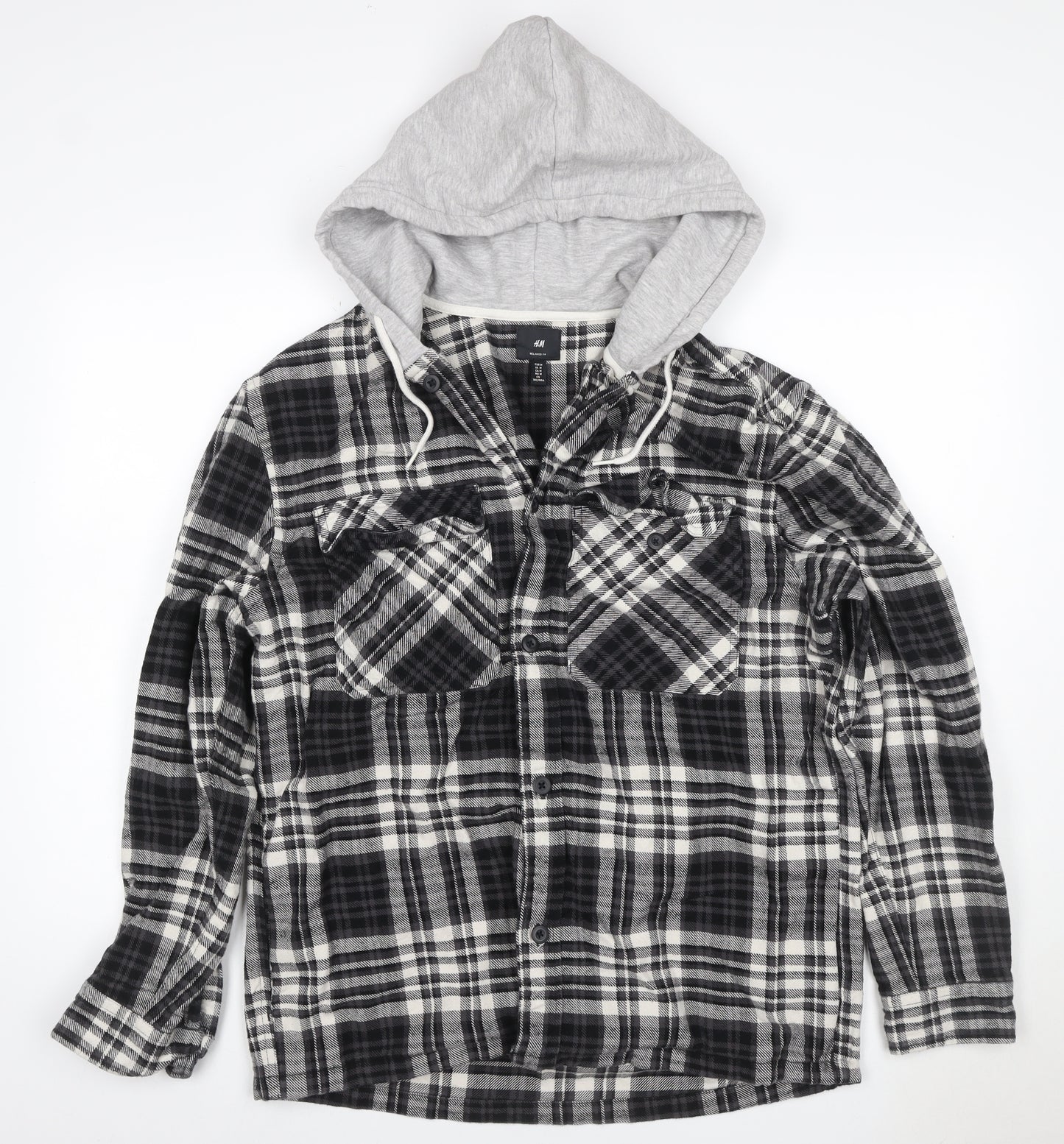 H&M Men’s Black Grey Plaid Hooded Shacket Jacket Size M