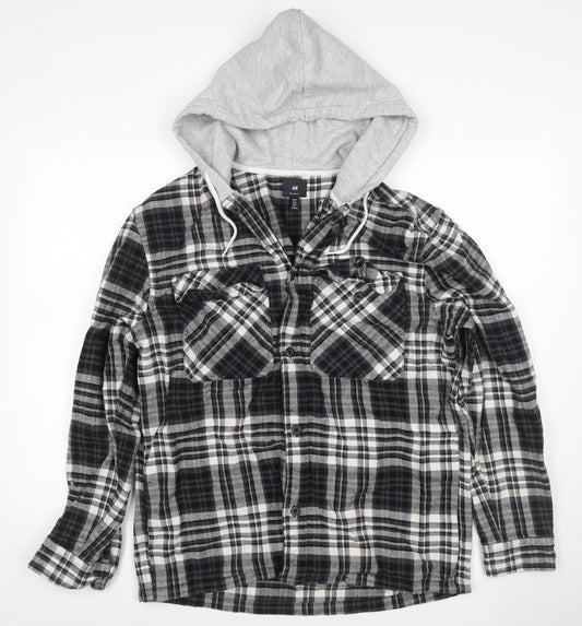 H&M Men’s Black Grey Plaid Hooded Shacket Jacket Size M
