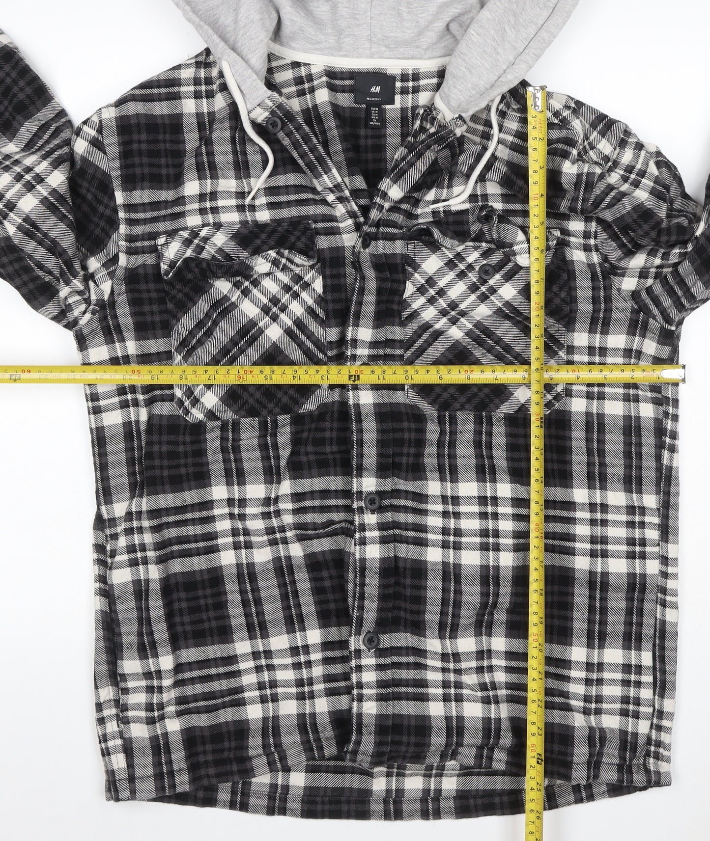 H&M Men’s Black Grey Plaid Hooded Shacket Jacket Size M