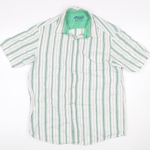 Marks and Spencer Men White Green Striped Cotton Resort Shirt M