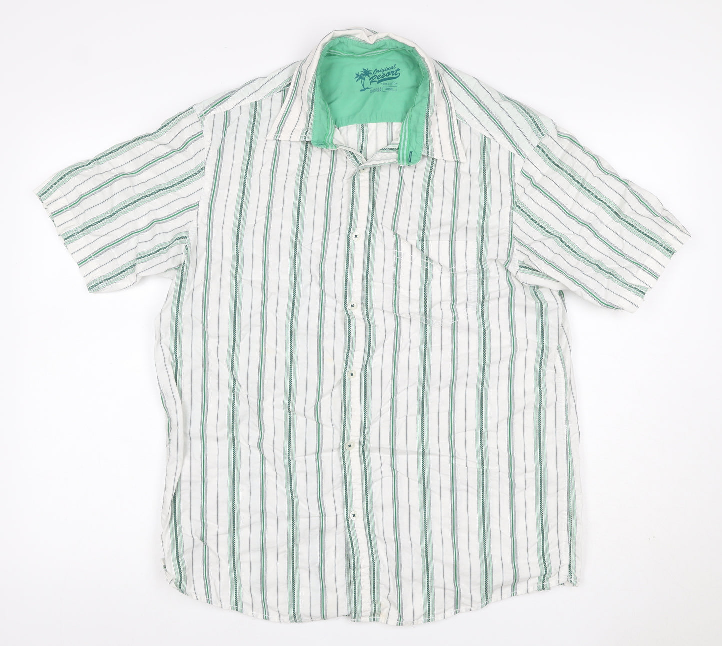 Marks and Spencer Men White Green Striped Cotton Resort Shirt M