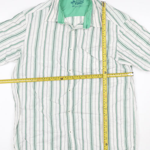 Marks and Spencer Men White Green Striped Cotton Resort Shirt M