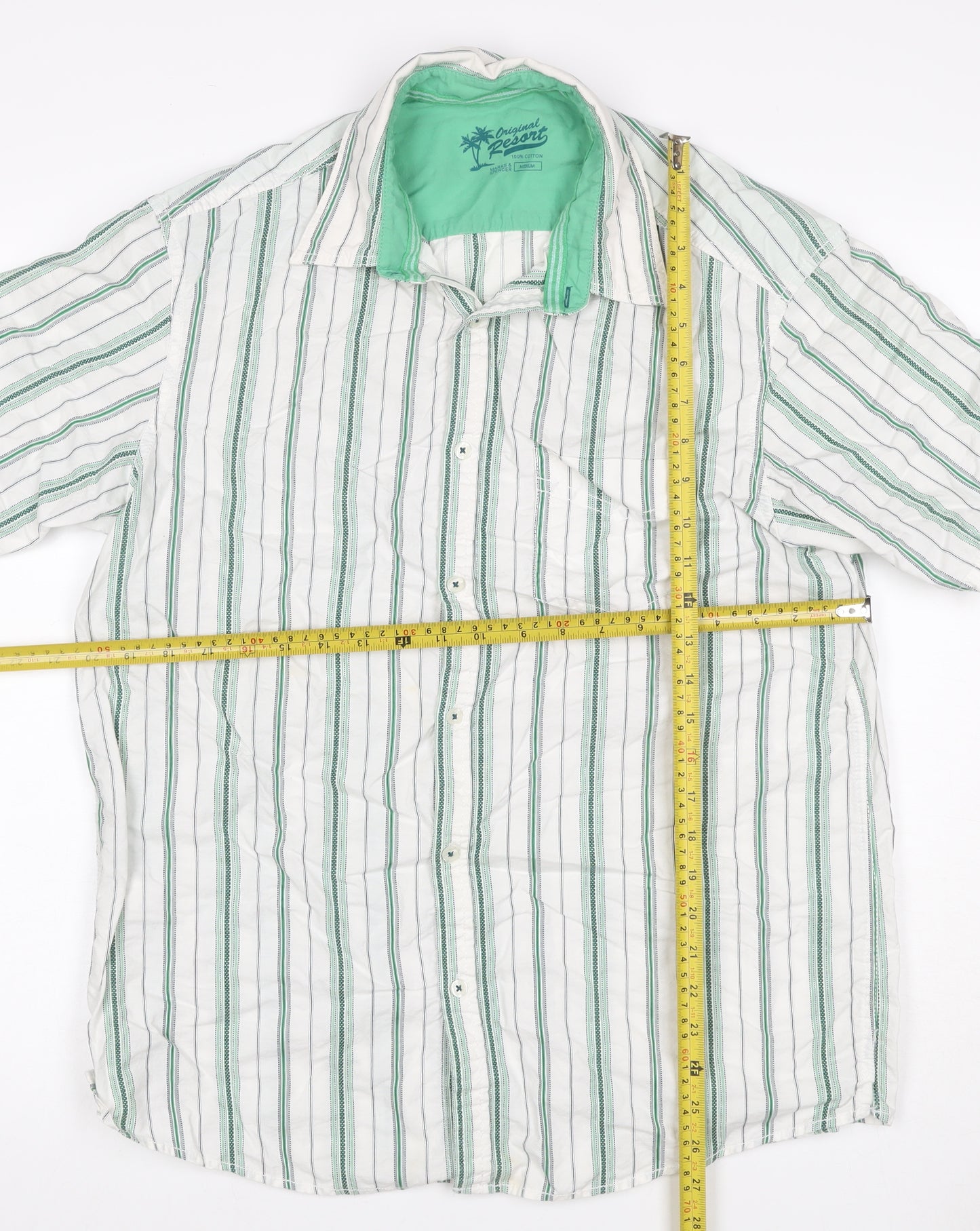 Marks and Spencer Men White Green Striped Cotton Resort Shirt M