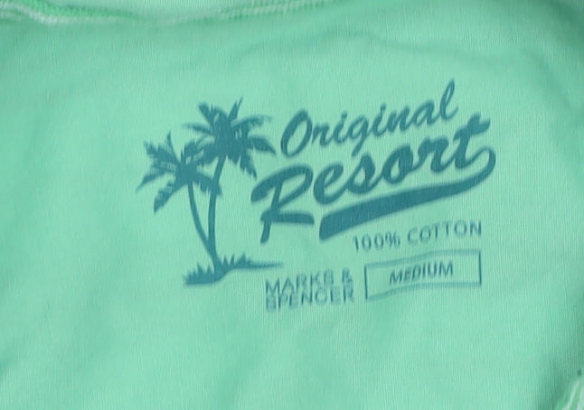 Marks and Spencer Men White Green Striped Cotton Resort Shirt M