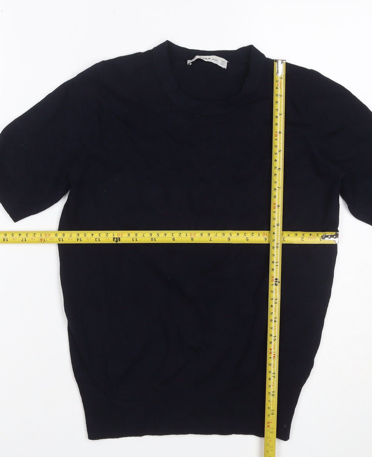Brand and care label for Zara Women Black S Basic Knit Short Sleeve Round Neck Top