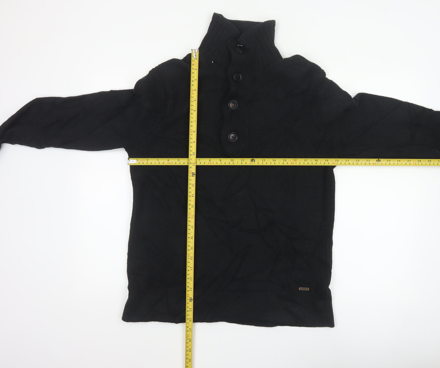 BOSS Hugo Boss Men Black M Wool Blend Cable Knit High Neck Henley Jumper