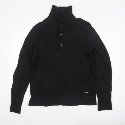 BOSS Hugo Boss Men Black M Wool Blend Cable Knit High Neck Henley Jumper