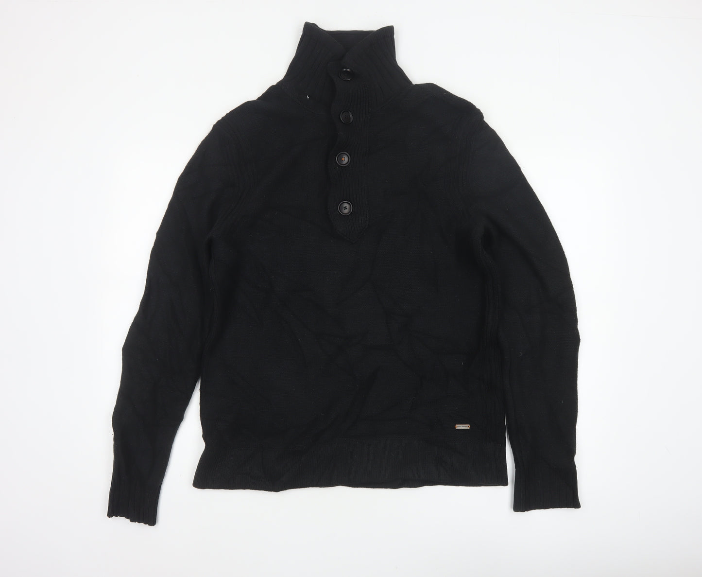 BOSS Hugo Boss Men Black M Wool Blend Cable Knit High Neck Henley Jumper
