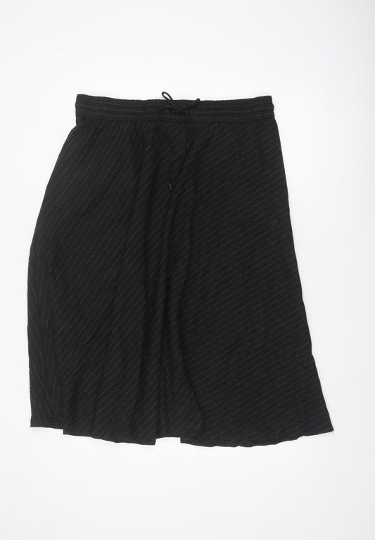 M&S Women Black Pinstripe Flared Midi Skirt Size 16 Elastic Waist