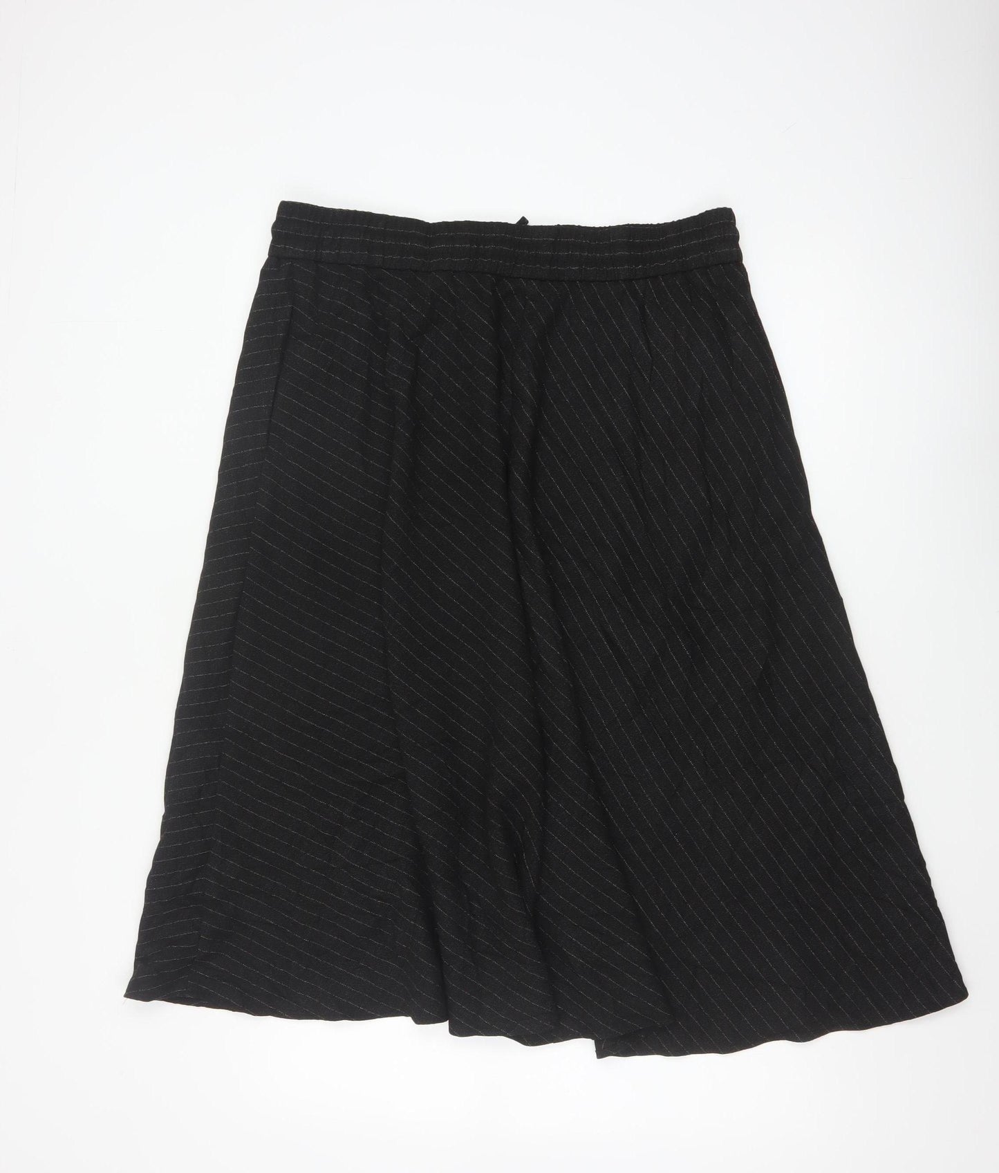 M&S Women Black Pinstripe Flared Midi Skirt Size 16 Elastic Waist