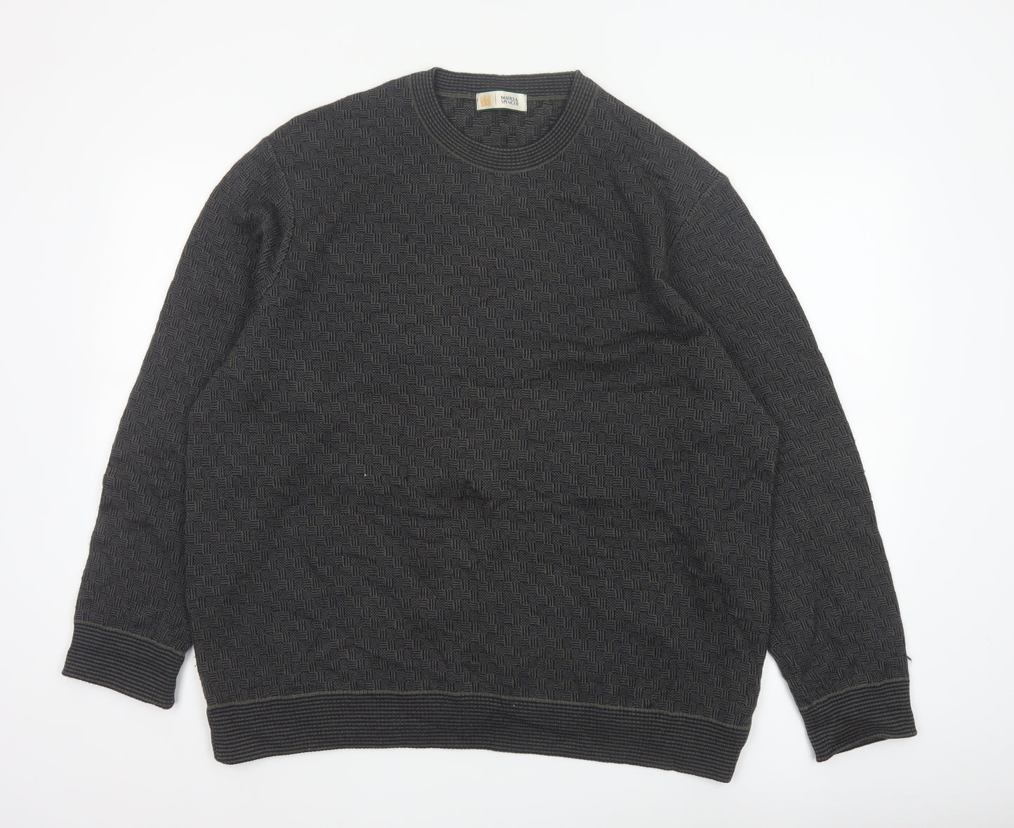 Marks and Spencer Men's Grey XL Merino Wool Blend Geometric Crew Jumper