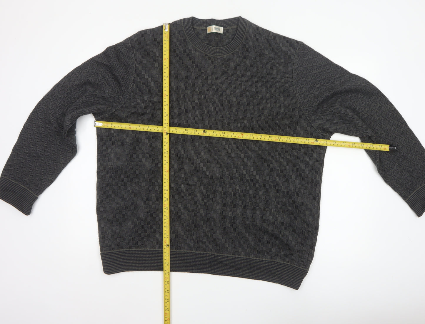 Marks and Spencer Men's Grey XL Merino Wool Blend Geometric Crew Jumper