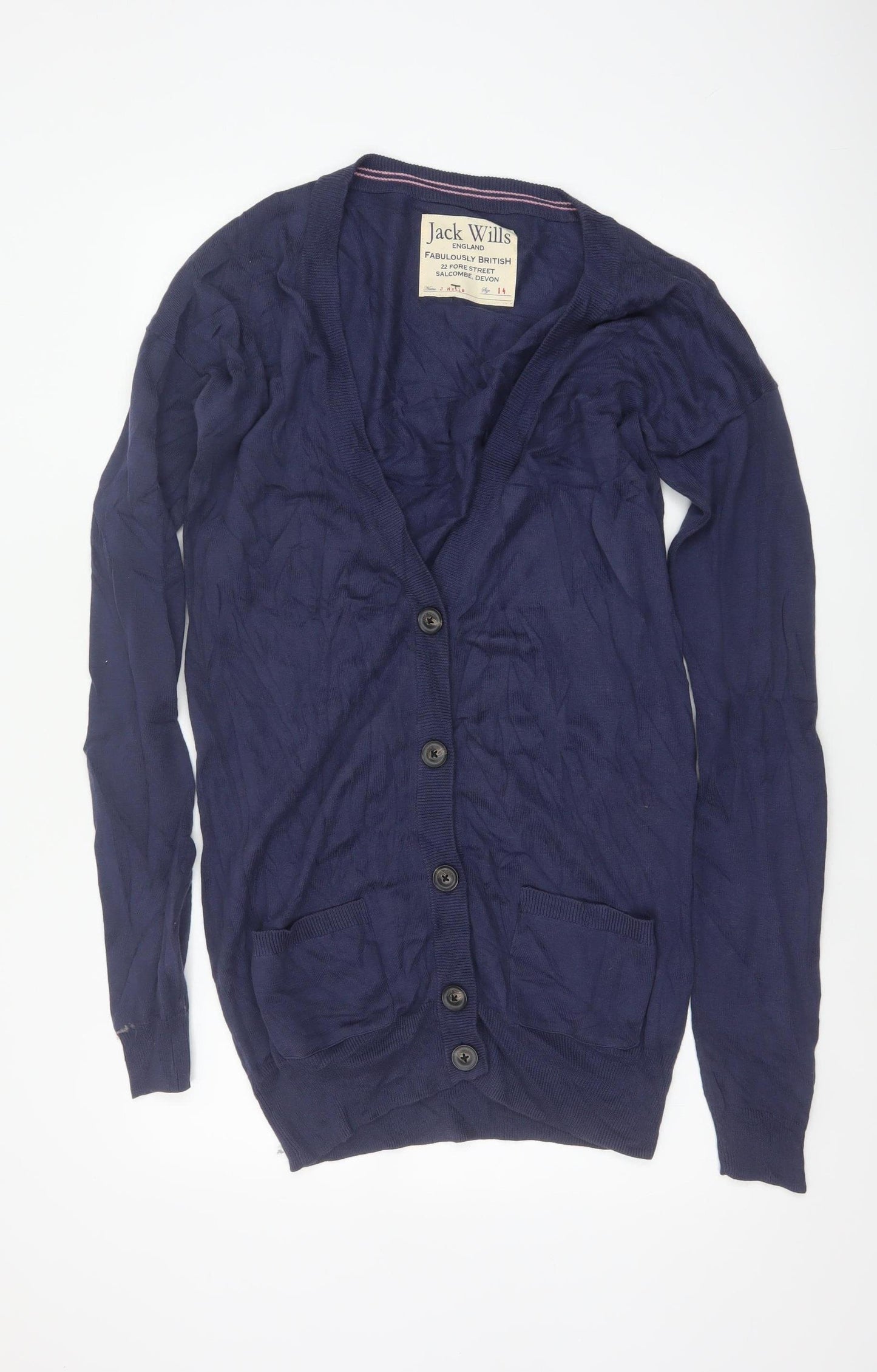 Jack Wills Women’s Blue Size 14 Cotton V-Neck Button Cardigan