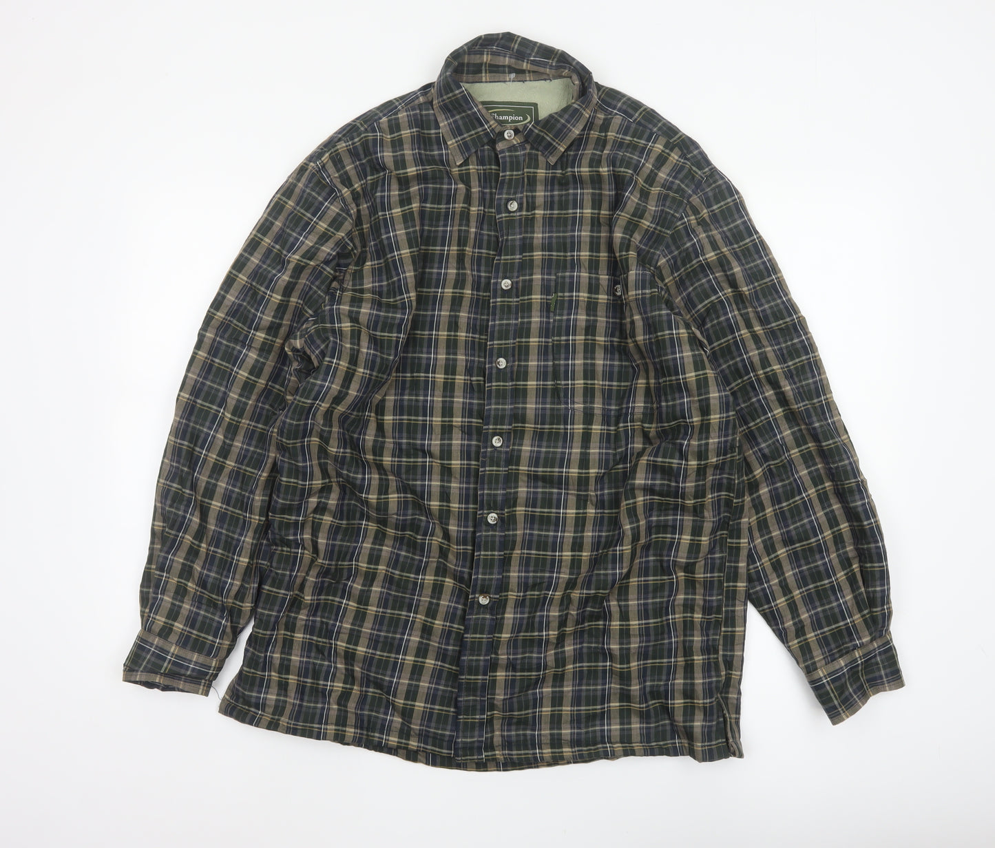 Champion Men's Green Check Lined Long Sleeve Button-Up Shirt M