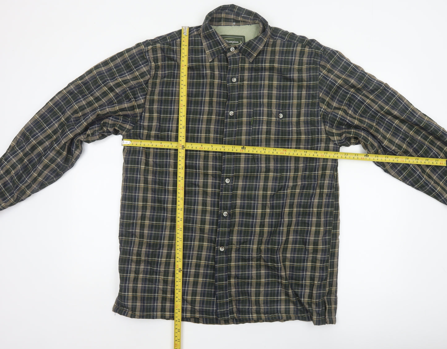 Champion Men's Green Check Lined Long Sleeve Button-Up Shirt M